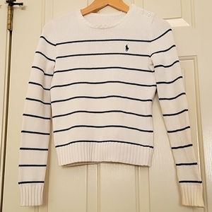 POLO Ralph Lauren Nautical Striped White and Navy Sweater with Button Closure